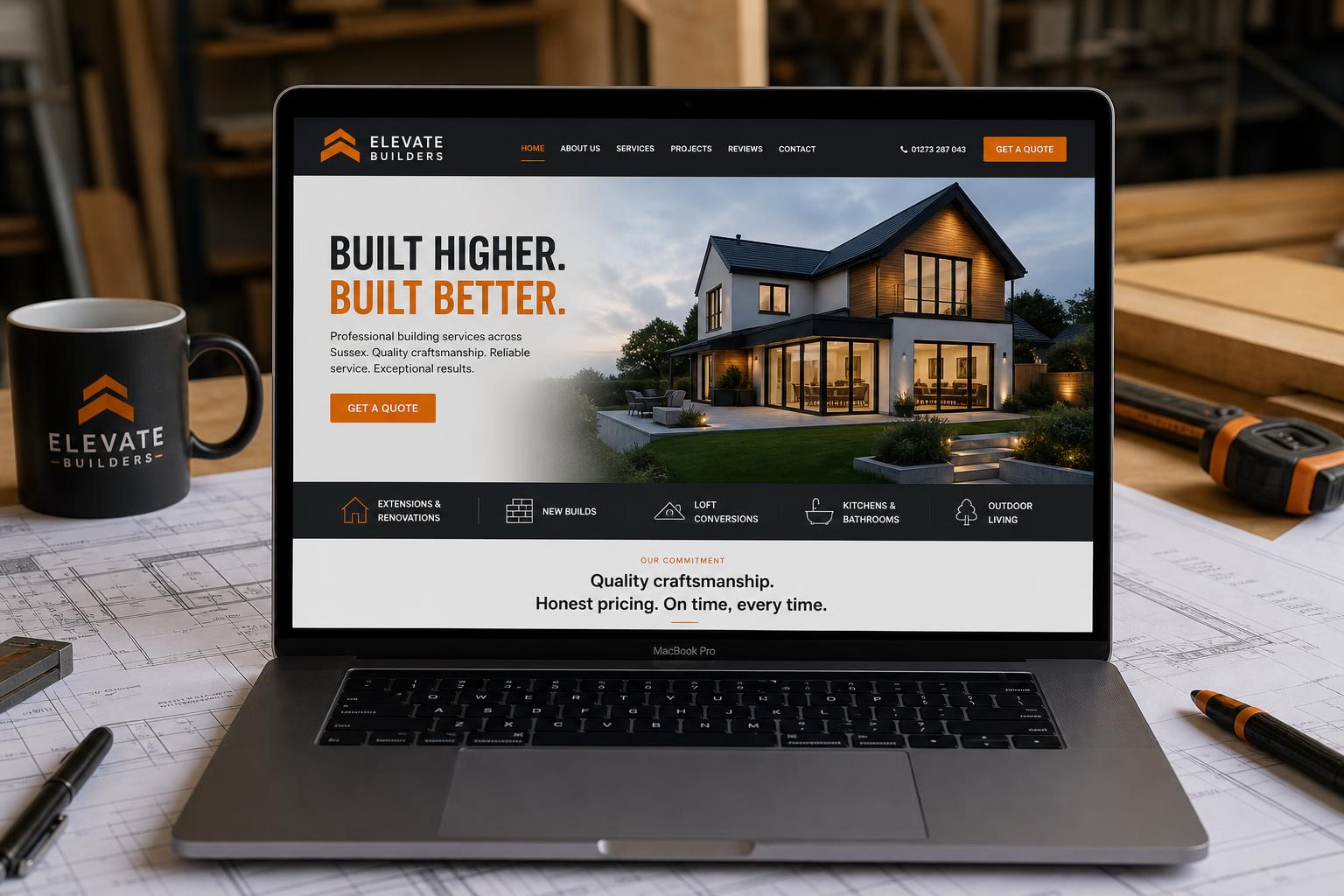 Elevate Builders website on a MacBook Pro