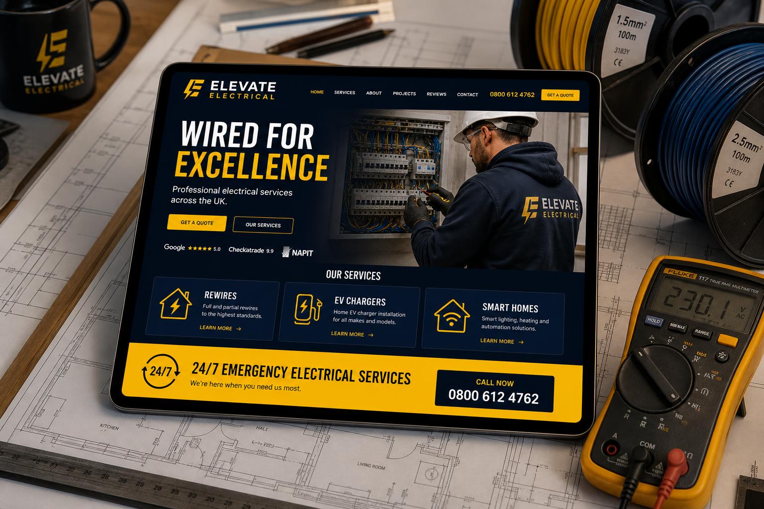 Elevate Electrical website on an iPad