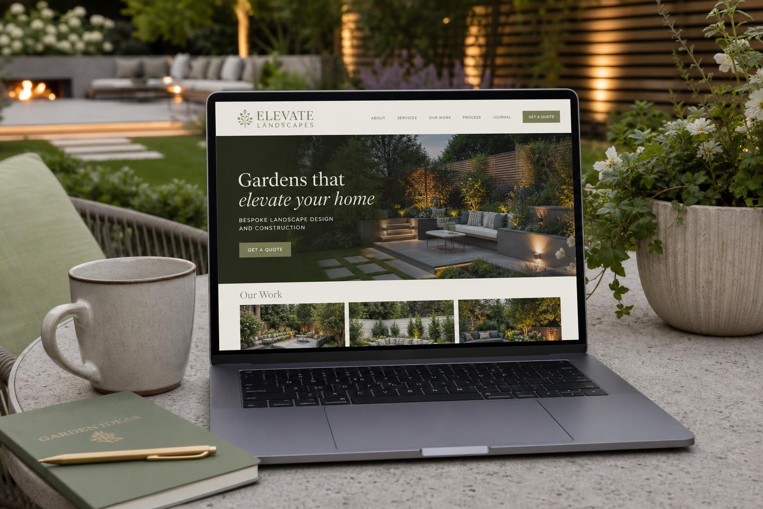 Elevate Landscapes website on a laptop in a garden