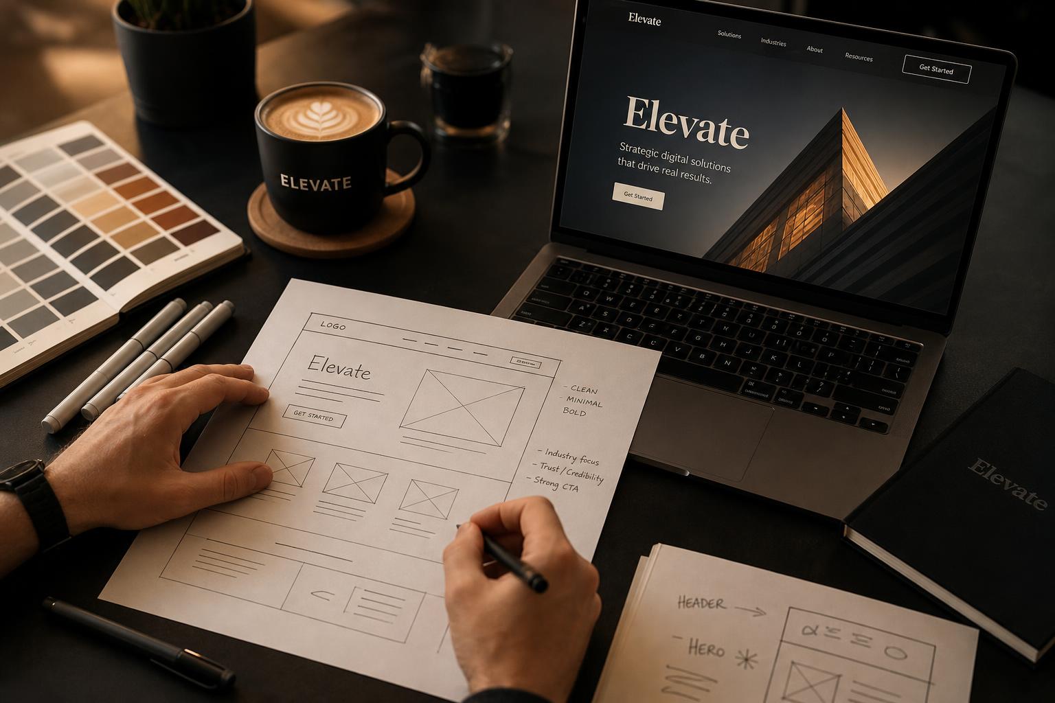Designer sketching the Elevate website wireframe