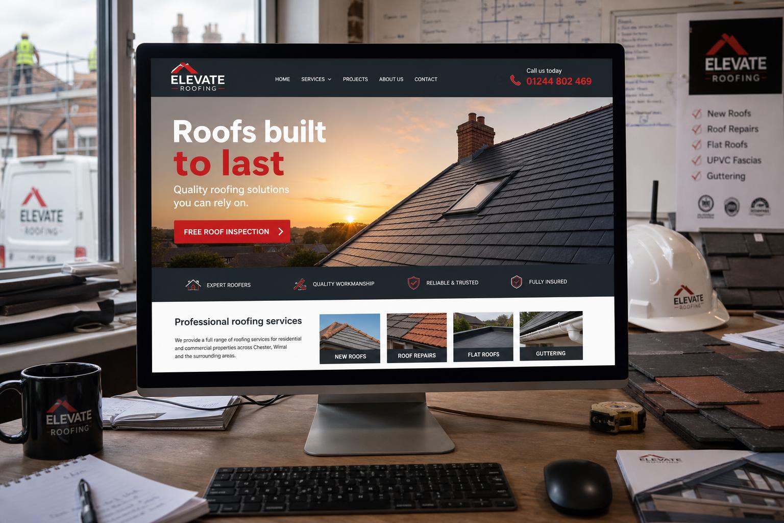 Elevate Roofing website on a desktop monitor