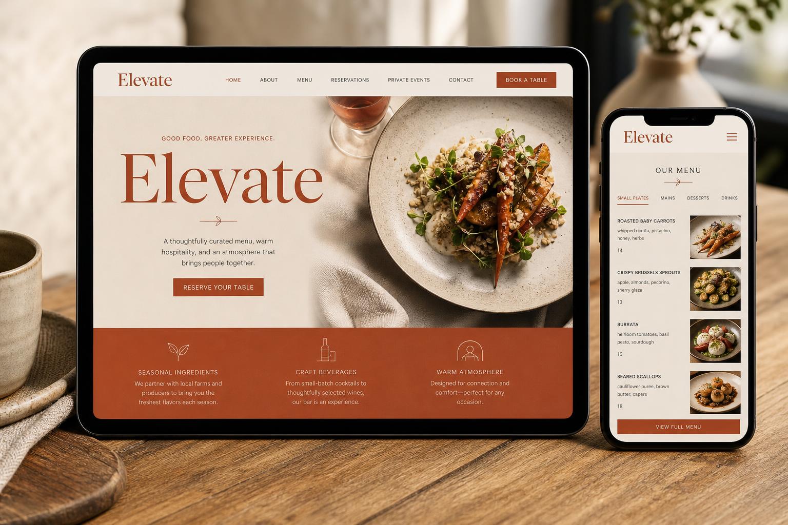 Elevate restaurant website on tablet & phone